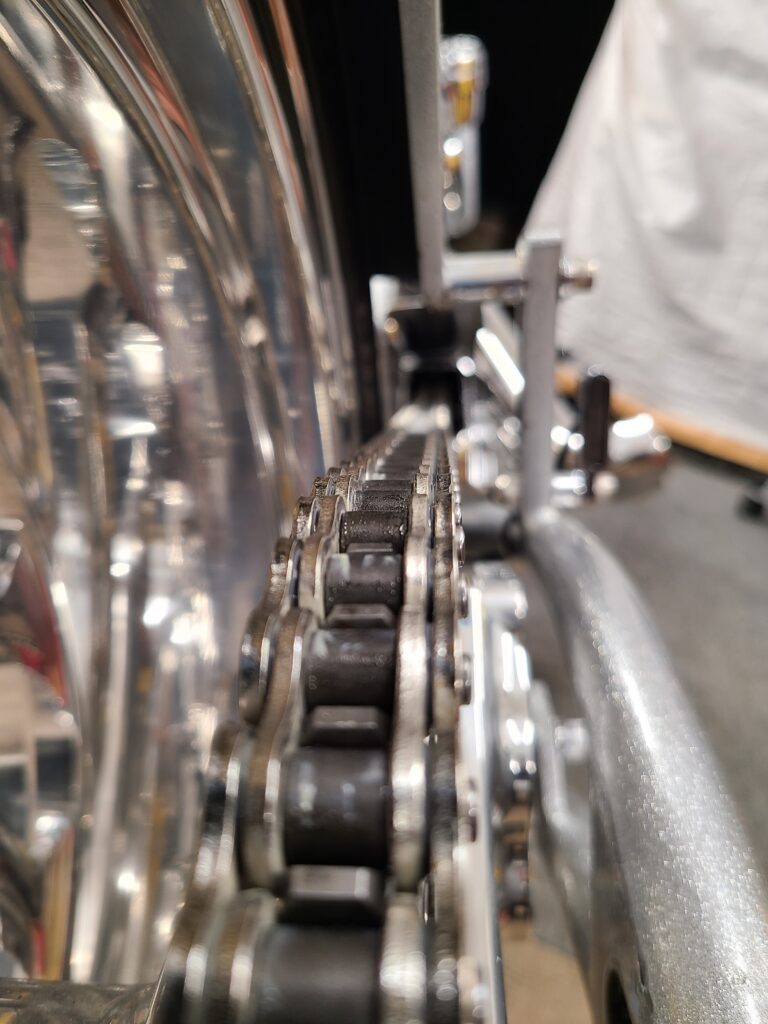 Closeup of custom chopper rear drive chain